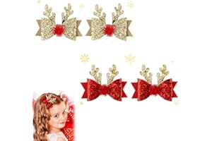 VIOJRLLY 4 Piezas Pinzas Pelo Navidad, Accesorios Pelo Niña de Navidad, Purpurina Horquillas Pelo Astas de Reno Accesorios, Horquilla con Lazo Navideño, Pinzas de Pelo de Reno Navidad, para Fiesta Navideña
