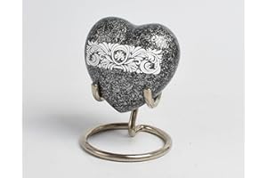 URNSWITHLOVE Small Keepsake Heart Cremation Urn For Ashes With New Improved Lid, Mini Heart Memorial Urn With Box & Stand (Grey & Silver)