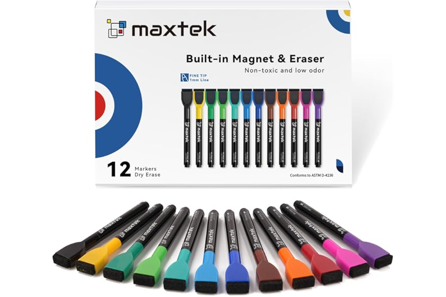 maxtek Magnetic Whiteboard Pens Markers, 12 Colours Fine Tip White Board Markers Erasable with Eraser for Kids, Low Odour Thin Dry Wipe Pens (Pack of 12)