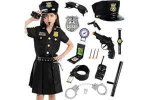 VICTERR Costume Poliziotto Bambino, Vestito Carnevale Bambina Kit Poliziotto Bambino,Polizia Costume Bambina con Camicia,Gonna,Cappello,Walkie Talkie,Manette,Batone Police Costume Halloween Carnevale
