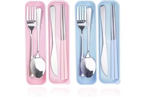 DIYJEP 2 Pièces Set de Couverts Voyage en Acier Inoxydable, Ensemble de Couverts de Camping avec Etui Baguettes Couteau Fourchette Cuillère Pour Pique-Nique École DéJeuners Bureau (Bleu + Rose)