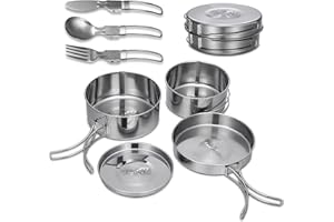 BILIPLE Kit de Casseroles Camping,7 Pièces Kit de Cuisine de Camping pour 1-2 Personnes,Cuisine de Camping en Acier Inoxydable Set pour Voyage Randonnée BBQ