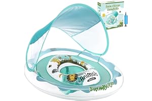 Geegear Baby Pool Float, Baby Swimming Float with Canopy, Auto Inflatable Compressible Folding Pool Baby Float with Underarm Swim Seat Float Trainer, for the Age of 6-36 Months