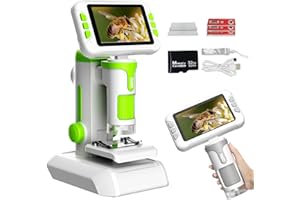 PYRODUM PYRDOUM Microscopio para Niños Aumento 1600X, 4" LCD Microscopio Portátil Niños, Microscopios Digital Infantil con Tarjeta de Memoria de 32G, Fotos y Videos, Función Portátil y Fija (Verde)