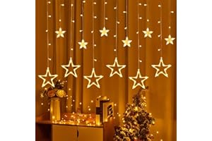 Purpledi Cortina de Luces de Navidad, Cortina Luces Estrella LED 12 Estrellas 138 Leds 3.5m con Control Remoto 8 modos Luz de Cortina para Bodas, Interior y Exterior Casa Ventana Decoración Navideña