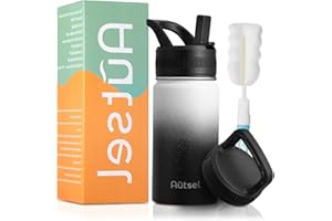 Autsel Botella de Agua Térmica Botella de agua de acero inoxidable Sport 350ml Doble Pared 2 Tapas para Oficina Camping Oscuro