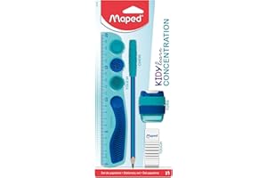 MAPED - Set di 4 Pezzi Kidy Learn Concentration - Righello - Dimensioni Matita - Gomma - Grafite Punta Rilassante - stimolazione sensoriale - Migliorare la concentrazione - consigliato dagli