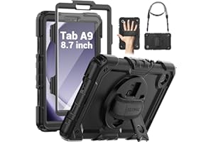 SEYMAC Funda para Samsung Galaxy Tab A9 de 8,7 Pulgadas 2023 con Protector de Pantalla, Soporte Giratorio de 360°/Correa de Mano, Correa para el Hombro, con Soporte para Bolígrafo, Negro