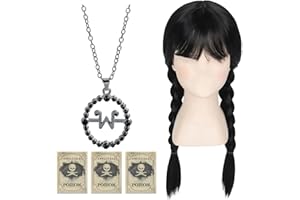YCAAEO Parrucca Mercoledì Nero Trecce Bambina Donna,Mercoledì Parrucca con W-Collana e 3 Cranio Adesivi per Carnevale Halloween Cosplay Festival