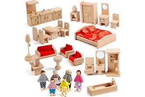 KABENFIS 39PCS 5 Set Dollhouse Furniture Accessories with a family of 6 dolls Decoration Pretend Play Toys for girls boys