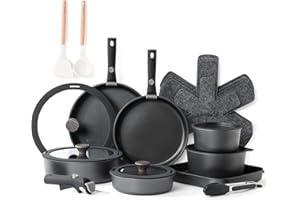 SENSARTE Set de Casseroles et Poêles 24 Pièces - Revêtement Granit Antiadhésif Sans PFOA - Batterie de Cuisine pour Induction/Gaz, Poignées Amovibles, Empilable et Lavable Lave-Vaisselle