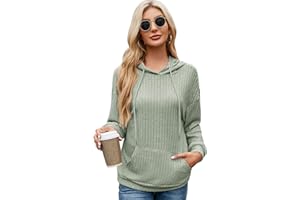 EDOTON Damski sweter z długim rękawem, kieszenie, sweter z kapturem, w paski, jednokolorowy, ze sznurkiem