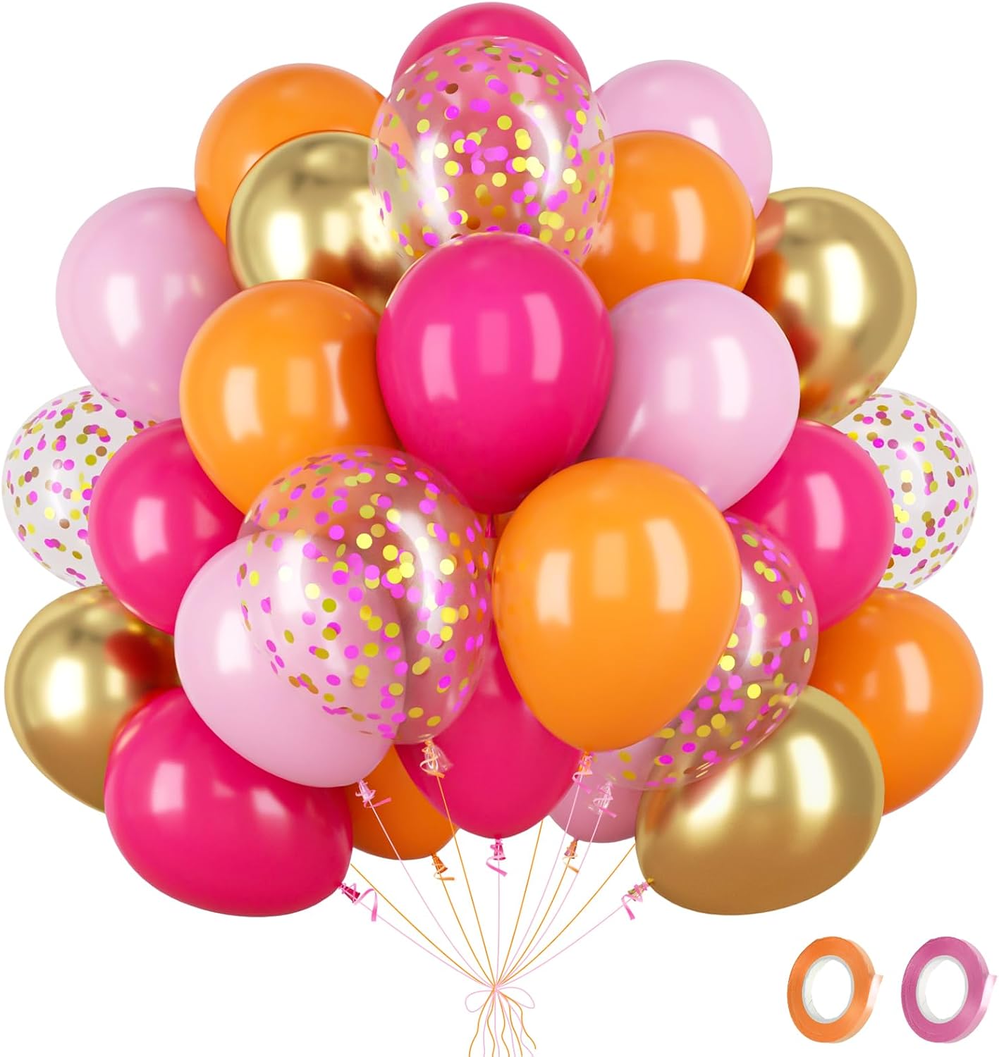 Lot de 60 ballons d'anniversaire rose et orange avec confettis métalliques rose vif, ballons à l'hélium pour fille, anniversaire, fête prénatale, mariage, décoration de fête hawaïenne