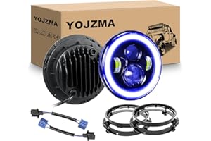 YOJZMA 2PCS Faros LED Redondos de 7 Pulgadas, 4 LED Faro de Moto Blanco DRL Luz Larga/Corta Halo Azul Intermitente Luz Ángulo para Wrangler JK TJ LJ CJ Moto Davidson con Soporte de Montaje