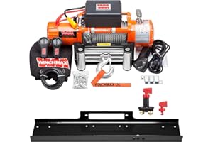 ‎WINCHMAX Winchmax 13500lb / 6123kg Original orange 12v elektrische Winde. 26 m 9,5 mm verzinktes Stahldrahtseil. 3/8 Zoll Gabelkopfhaken, Flachbett-Montageplatte und Batterietrenner