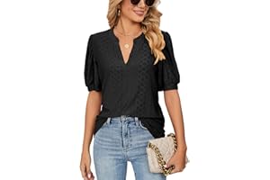 EDOTON Damen Tshirt Kurzarm Bluse V Ausschnitt Casual Sommer Solide Hohle Blase Ärmel Lose Tops Tuniken für Damen