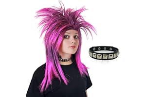 UILYNIU 80s Pink Rock Diva Choker Long Mullet Wig, Adult Punk Disco Costume, Fancy Dress Party Carnival Halloween Cosplay