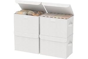 GUOHNHE Fabric Storage Bin with Lid, Closet Boxes with Cover, Collapsible Stackable Organizer Basket with 2 Handles, for Home and Bedroom, 4 Pack, White, 26 x 20 x 17 cm, XSNY12WS-4