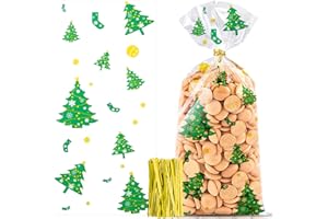MIZIJIA Sacs à Bonbons Noël, Sacs à Biscuits, Sacs de Cellophane Noël, Sachets de Bonbons Friandises Cellophane Transparents Cadeaux Pochette avec Cravates Torsadées pour Les (Sapin de Noël)