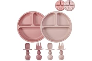 PandaEar Lot de 2 Assiettes à Ventouse Divisées pour Tout-Petits avec 2 Cuillères et 2 Fourchettes pour Bébés | Ustensiles en Silicone pour Diversification Alimentaire et Auto-Alimentation, Rose