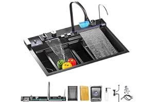 BIGYOUZI Fregadero de cocina Fregadero digital en cascada Grifería Todo en uno ultifunción con lavavasos Dispensador de jabón caño en cascada etc (80 * 46 * 22CM, Negro gris)