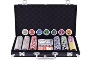 DREAMADE Mallette de Poker Verrouillable avec 300 Jetons avec Autocollant Laser, Bouton de Donneur, 2 Jeux de Cartes, 5 Dés et Mallette de Poker en Aluminium (Noir)