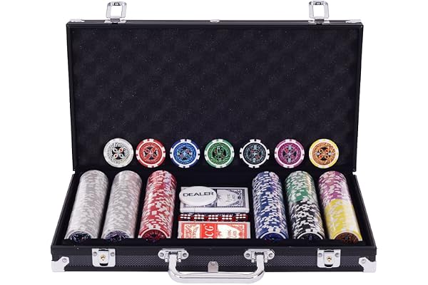 DREAMADE Mallette de Poker Verrouillable avec 300 Jetons avec Autocollant Laser, Bouton de Donneur, 2 Jeux de Cartes, 5 Dés et Mallette de Poker en Aluminium (Noir)