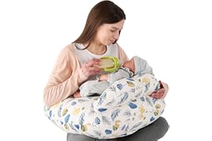 Labtec Nursing Pillow for Breastfeeding Baby, Multifunctional Breast Feeding Pillow with Adjustable Waist Strap and Safety Fence, 100% Cotton Removable Pillowcase, Leaf Pattern