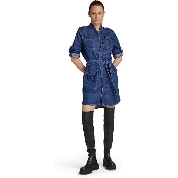 G-Star RAW Damen Denim Field Kleid – Langarm Mit Umschlagbaren Ärmeln, Cargotaschen & Hemdkragen