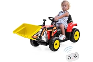 GYMAX Kids Ride on Bulldozer, 12V Battery Powered Toy Car with Remote Control, Light, Music, USB, Adjustable Arm & Bucket, Slow Start, Children Electric Excavator for 3-8 Years Old (Red+Black)