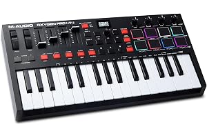 M-AUDIO Oxygen Pro Mini 32 USB MIDI-Keyboard-Kontroller | 32 Ansatskänsliga Minitangenter, 8 Pads, 4 Rattar, 4 Reglar, DAW-Pr