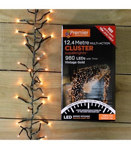 Premier Decorations LED-Lichterkette – 720 Warmweiße Cluster-LEDs, 8 Funktionen, Timer, 19,3 M Kabellänge