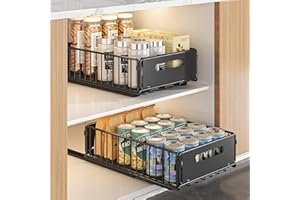 Hykiee 2 Pezzi Cassetto Estraibile Cucina, Organizer Cassetti Estraibili per Cucina Sottolavello con Adesivo, Bagno Ripiano Cestello Telescopico Scorrevole Armadio Nero (25 CM W x 38 CM P x 10CM H)
