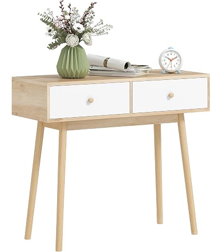 Console Utah BAÏTA - Style Scandinave Avec 2 Tiroirs - Pieds En Eucalyptus - 80x29.5x80 Cm