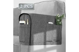 Joywell Recliner Narrow Linen Armrest Covers for Living Room Anti-Slip Sofa Arm Protector for Dogs, Cats, Pets Armchair Slipcover for Couch with 4 Pockets for TV Remote Control, Phone, Set of 2, Gray