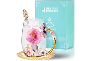Wisolt Birthday Gifts for Women Teacher Christmas Gifts Flower Glass Tea Cup Gifts for Mum Wife Her Friend Anniversary Valentines Christmas Mothers Day Gifts Glass Coffee Cup Mugs with Spoon