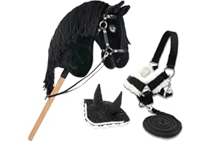 HOBBY HORSE LAND Hobby Horse Frison Nero A3, Cavalletto Completo di Rete, Mors, Redine, Capezzolo e Cappello Anti-Insetti. Testa di cavallo bastone per Hobby Horsing Bambini E Adolescenti