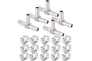 TAISHER 5 PCS 304 Stainless Steel 10MM Hose Barb Fittings，3 Way Tee T Shape Joint Splicer Mender Fitting Union for Fuel/AIR/Lquid/Gas with 15 PCS Hose Clamp