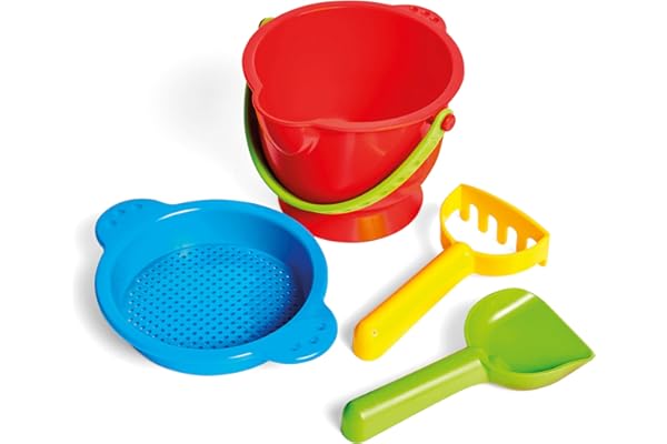 Hape Accessoires Plage Enfant 18 Mois et Plus - Seau, Pelle, Rateau, Tamis - Plage, Bac à Sable, Terrain de Jeu - Coordination œil-Main, Capacités Cognitives, Motricité - Facile pour Petites Mains