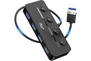 Aceele Hub USB 3.0, 5-in-1 Sdoppiatore USB 3.0 con Interruttori di Alimentazione LED Individuali & Porta Alimentazione Tipo C, Multi USB Hub per PS5/Mac Pro/Macbook Air/XPS/Notebook PC e Altro