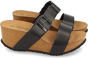 shoes&blues.es Sandalia Mujer con Cuna Bio, Pala Fina, Super Comodas, Talon Abierto y Decorada con Hebilla. Primavera Verano.