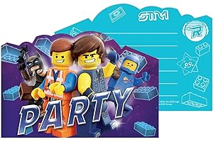 Amscan 9904647 - Einladungskarten Lego Movie 2, 8 Stück, Größe 10,7 x 15,8 cm, Karten mit blauen Umschlägen, Einladung, Film, Helden, Animation, Bausteine, Geburtstag, Mottoparty, Party, Karneval