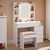 VASAGLE Dressing Table with Adjustable Brightness LED Stool, 98 x 40 x 145 | Makeup Vanity, Open Compartments, Adjustable She