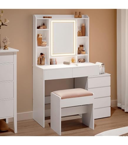 Coiffeuse Avec Miroir Et éclairage LED ALFORDSON 90cm - 4 Tiroirs, Tabouret De Rangement - Blanc - Pour Chambre Femme Ou Fille