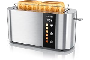 ARENDO Tostapane a 2 Lunghe Fessure per 4 Fette, 1500 W, Visualizzazione a colori dei livelli di doratura, Display con indicazione del tempo rimanente, Tasti touch, Scaldapasta viennese, Doratura da 1 a 6