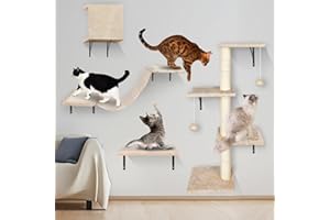Pawchop Cat Wall Climbing Set, 4pcs Cat Wall Shelves, Kitten Scratching Post with Tower, Cats Tree, Pet Hammock and Steps, Cats Wall Furniture - Beige