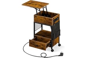 ‎CLIPOP CLIPOP Nachttisch höhenverstellbar, Beistelltisch mit Ladestation, Nachtschrank mit 2 AC-Anschlüssen, 2 USB-Anschlüssen, Sofatisch aus Holz für kleine Räume Wohnzimmer Schlafzimmer, Vintagebraun