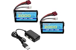 AMZZN 2PCS 7.4V 2000mAh 15C 2S T-Plug Lipo Battery with 2-in-1 Charger for WLtoys 12423 MJX 14301 14303 14302 H16PL HP162S HM124 High-Speed RC Cars 1/10, 1/12, 1/16 Toy Cars and Trucks
