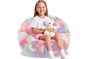 AmiCera Bean Bag Cover, Kids Bean Bag without Filling, Rainbow Unicorn Beanbags for Children, Flannel Comfortable & Safe Kids Sofa, Stuffed Animal Storage Baby Bean Bag Chair, Bedroom Furniture