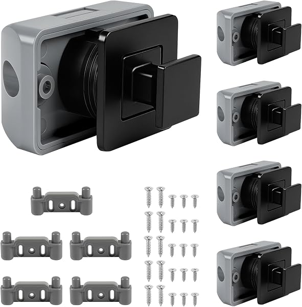 Supaway Set da 5 Chiusure per cassetti quadrate Metalliche da Campeggio, Serratura a Scorrimento Quadrata, Serratura a Pressione Senza Chiave per roulotte, Barca, Yacht, Armadio, Porta, Mobile (Nero) - 1